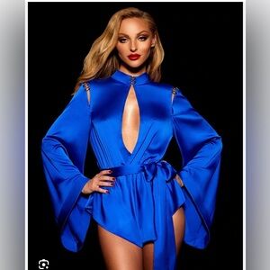 Honey Birdette Royal Blue Satin Long Sleeve Robe Bodysuit